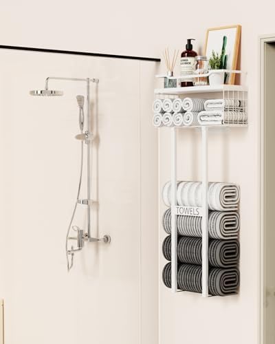 Aetyord Towel Racks for Bathroom 31inch Wall Mounted Towel Rack,Floating Shelf with Wood Plank,Towel Storage for Bathroom Can Holds 6 Large Rolled Towels,All White - Image 5