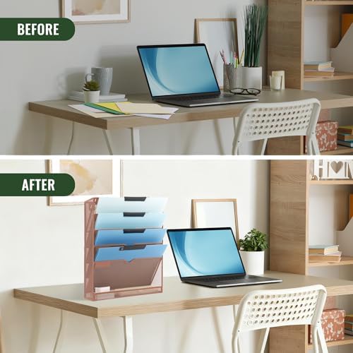 EASEPRES 6 Tier Mesh Hanging Wall File Organizer, Desk Vertical Mail Paper Document Folder Holder Rack with Bottom Tray and Nametag Label for Office Home School, Brown - Image 5