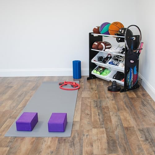 Humble Crew Jayden Sports Equipment Organizer with 2 Ball Racks and 4 Storage Bins – Black/White Rack for Home Gym, Garage & Kids’ Gear, Holds Balls, Bats, Rackets & More - Image 3