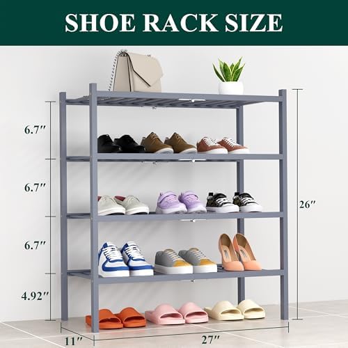 Smiry Bamboo Shoe Rack, 14 Vertical Slats, 4 Tier - 26.8" Wide, Grey - Image 2