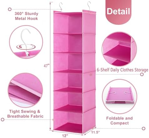 MAX Houser 6-Shelf Hanging Closet Organizer with 2 Sturdy Hooks, Pink | Dorm Room Essentials with 2 sturdy hooks, foldable lightweight fabric closet storage, space-saving design for Bedroom - Image 3