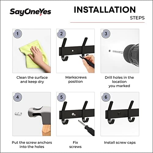 Coat Rack Wall Mount – 17 Inch Stainless Steel Hook Rail with 6 Double Coat Hooks for Hanging – Wall Mounted Entryway Organizer for Coats, Hats, Bags, Towels, Robes, Closet or Bathroom - Black 3 Pack - Image 7