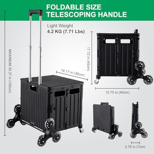MACOPRO Foldable Utility Cart with Stair Climbing Wheels, Collapsible Rolling Crate with Telescoping Handle, Folding Shopping Trolley Handcart Grocery Book File Tool Teacher Storage Basket (Black) - Image 4