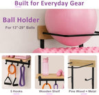 4-in-1 Yoga Mat & Ball Holder Wall Mount Storage, Durable Home Gym Accessories Organizer with Adjustable Solid Pine Floating Shelf & Hooks, 5 Hooks for Hanging Foam Rollers and Resistance Bands - Image 6