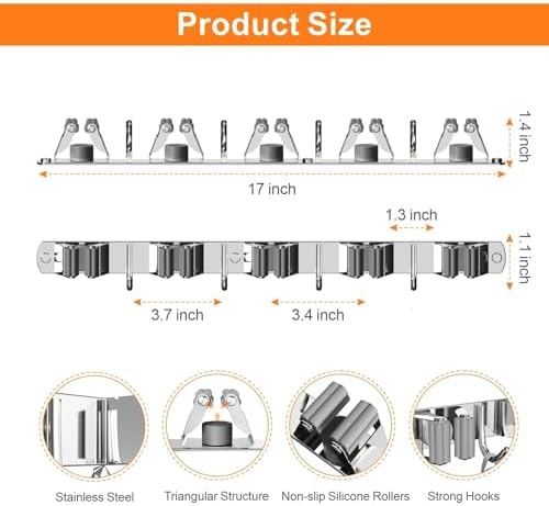 CUXIXA Broom and Mop Organizer Wall Hanging, Upgraded Mop and Broom Holder Wall Mount, Stainless Steel Broom Hanger Wall Mount for Laundry Room Organization and Storage（5 Racks with 4 Hooks） - Image 3