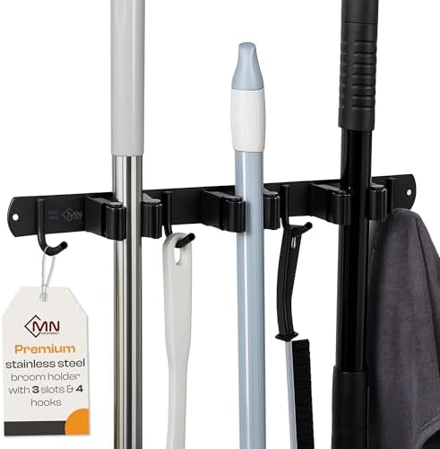 Stainless Steel Broom Holder Wall Mount, 3 Racks & 4 Hooks by MOPNEST