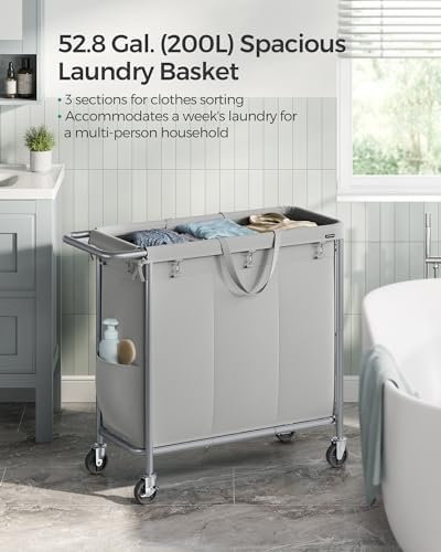 SONGMICS Laundry Basket with Wheels, 3-Section, 52.7 Gallons (199.5 L) - Image 3