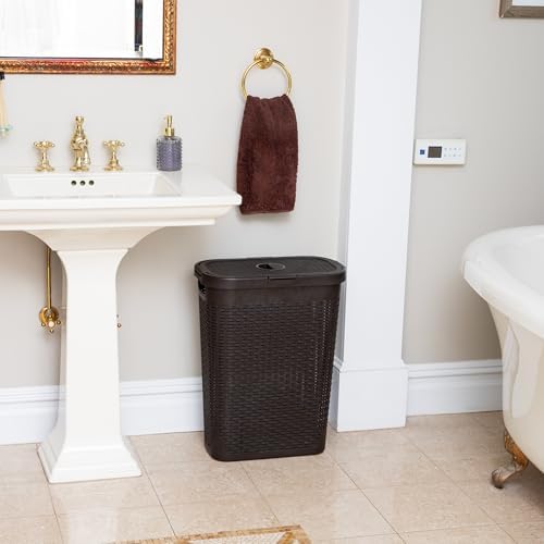 Mind Reader Slim Laundry Hamper with Lid, 40L Clothes Basket, Narrow Tapered Design with Ventilated Cutout Pattern, Plastic, Brown - Image 6
