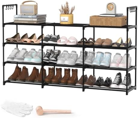 3 Row 4 Tier Long Shoe Rack, Black Metal Stackable Shoe Shelf with Multifunctional Hooks, Shoe Storage Hold 24-30 Pairs, Space Saving Shoe Organizer for Closet,Wide Shoe Rack by DYJIEKAI