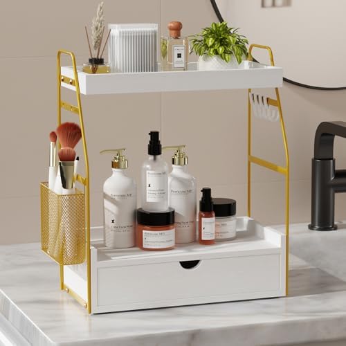 2 Tier Bathroom Counter Organizer with Drawer & Basket, Wooden Vanity Tray Countertop Shelf Accessories for Makeup Storage, Coffee Bar Station, Perfume Skincare, Kitchen, Bedroom (White) - Image 5