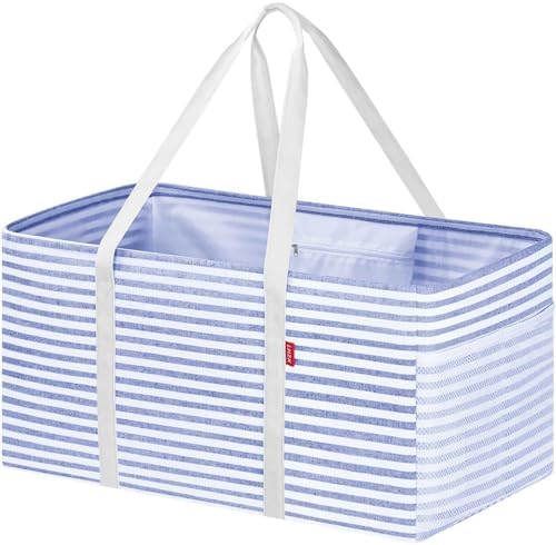 LHZK Standing Extra Large Utility Tote Bag with Metal Wire Frame and the Sides Rinforced, Extra Large Tote Bag with Handle, Reusable Grocery Bags Foldable, Beach Bag, Car Tote (Blue, 26''x15''x13'') by LHZK