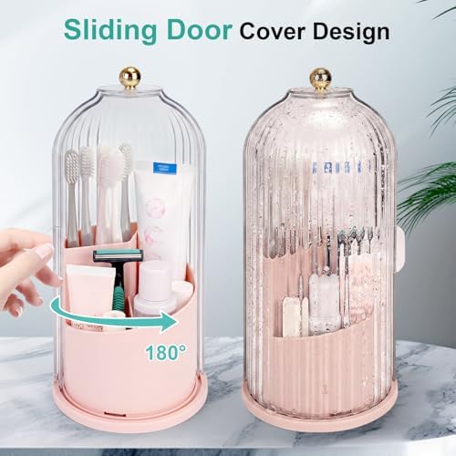 QIYVLOS Toothbrush Holders with Sliding Lid, Rotating 3 Slots Bathroom Organizer Countertop, Tooth Brush Toothpaste Holder Bathroom Counter Stand Sink Organizer Caddy for Makeup Brushes Holder (Pink) - Image 2