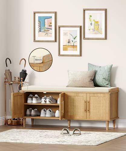 Akxomel 47.2" Rattan Shoe Storage Bench 4 Doors Wooden Entryway Bench Oak - Image 5