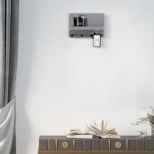 Nekon Key Holder for Wall with Shelf, Pine Wooden Key Hanger, Gray - Image 5