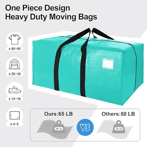 VELVETSURE 6 Pack Heavy Duty Large Moving Bags W/Backpack Straps - Strong Handles & Zippers, Storage Totes For Space Saving, Fold Flat, Alternative to Moving Box and Storage Bin, Aquamarine - Image 5