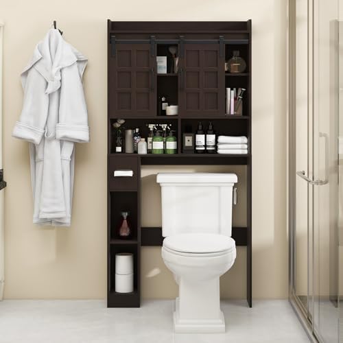 Halitaa Over The Toilet Storage Cabinet with Sliding Doors,Espresso - Image 7