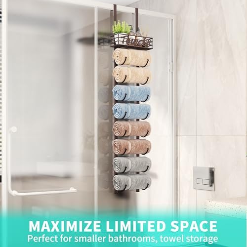 HapiRm Towel Racks for Bathroom Storage - 9 Tier Over The Door & Wall Mount Rolled Towel Storage Organizer Holder with Metal Shelf Basket for Small Bathroom, Camper, Rv - Bronze, Patented - Image 5
