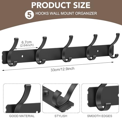 Wall Mount Coat Rack 2 Pack, Black Coat Hooks Hanger with 5 Double Hooks - Image 2