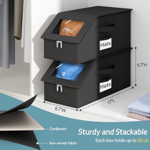 AOODA 2 PCS Stackable Hat Storage for Baseball Caps, Holds up to 24 Caps Hat Organizer for Closet, Sturdy Snapback Boxes for Men with Cardboard (Pure Black) - Image 3
