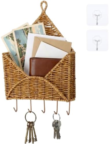 Gerrii Wicker Key Holder for Wall Rattan Mail Shape Holder with 5 Hooks by Gerrii