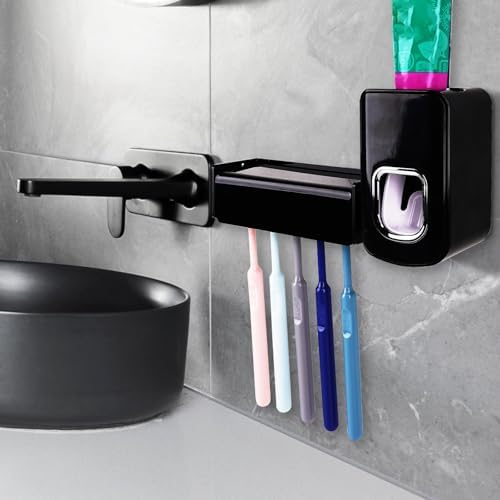5 Slots Wall Mount Toothbrush Holder with Cover, Self Adhesive Toothbrush Storage Organizer for Shower, Toothbrush Hanger with Automatic Toothpaste Squeezer Dispenser(Black) - Image 5