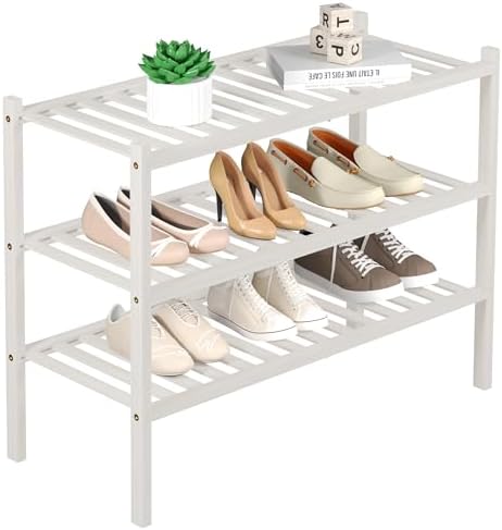 ROMGUAR CRAFT 3 Tier Bamboo Shoe Rack for Closet Free Standing Wood Shoe Shelf Storage Organizer for Entryway Small Space Stackable 27"x11"x20" (White) by ROMGUAR+CRAFT
