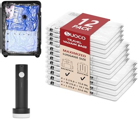 Travel Vacuum Bags for Clothing with Cordless Pump 12 Combo, Clear | Compression Packing Cubes Organizer Storage for Luggage Suitcase, Space Saver Seal Bags for Vacation Cruise by SUOCO