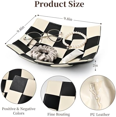 MSJGA Black and White Checkered Valet Tray PU Leather Key Holder Bowl for Women and Men Entryway Table Nightstand Desk Tray for Wallet, Keys Men's Gift - 9.8" L x 9.8" W x 2" H - Image 2