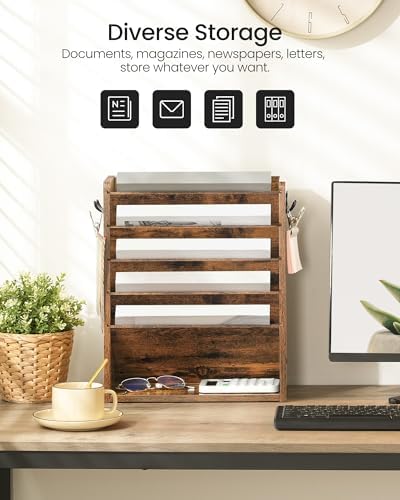 CHOEZON Wall File Organizer, 6-Tier Vertical Mount Hanging Holder with 2 Side Hooks, Vintage Wooden Magazine Storage Crate with Bottom Flat Tray, Desk Organizer, for Office, Home, Rustic Brown MWJ01FG - Image 3
