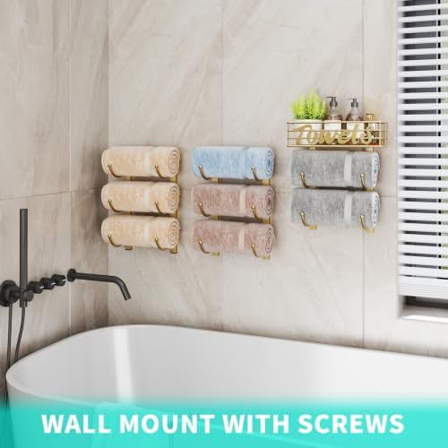 HapiRm Towel Racks for Bathroom Storage - 9 Tier Over The Door & Wall Mount Rolled Towel Storage Organizer Holder with Metal Shelf Basket for Small Bathroom, Camper, Rv - Gold, Patented - Image 6