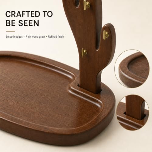 Acacia Wood Cactus Key Holder Tray with 4 Hooks, Entryway Organizer - Image 4