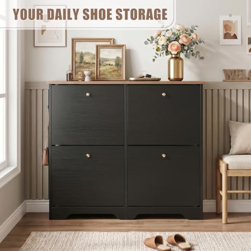 Nicetree Shoe Cabinet, 4 Flip Drawers Slim Black with Walnut Top Entryway - Image 3