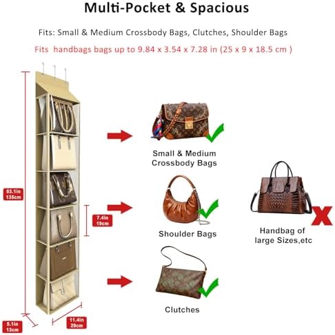 Lirex Over The Door Purse Organizer & Purse Shelf for Closet – Handbag Storage Organizer with Purse Hanger. Perfect for Scarves, Hats, and Leggings. S (11.8'' x 5'' x 51.6''), Khaki - Image 2