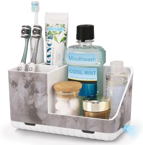 Toothbrush Holders for Bathroom Countertop Organizer (White Marble Grain) by PARKMANI