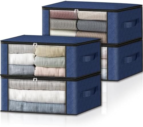 HomeHacks 4-Pack Clothes Organizer Storage Bags, 35L Storage Bins, Blue | Foldable Storage Box Container with Zippers, Clear Window, Reinforced Handles for Closet, Dorm, Pillows, Bedding, Sweater by HomeHacks