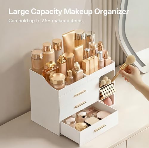 HBlife Makeup Organizer Countertop with Brush Holder,Large Bathroom Counter Organizer with Drawers,Skincare Organizers for Vanity,Plastic Dresser Organizer Storage Gift for Women Girl Mom,All White - Image 2