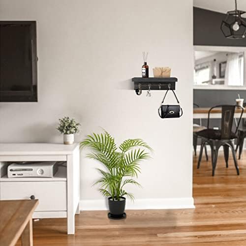 HRONRAD Rustic Key Holder for Wall, Farmhouse Wall Shelf with 4 Hooks, Wall Mounted Key Racks, Wooden Mail Organizer with Hooks for Entryway (Black - Pine) - Image 4