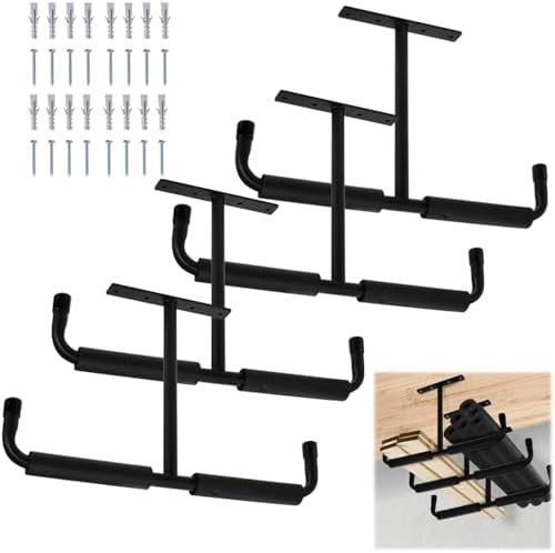 Tlence 4 Pack Overhead Garage Storage Hooks, 16.5" Heavy Duty Ceiling Mount Hangers, Double T-Bar Metal Ladder Ceiling Racks, Hanging for Bike, Pipe Lumber, Fishing Rod, Sports Equipment by Tlence