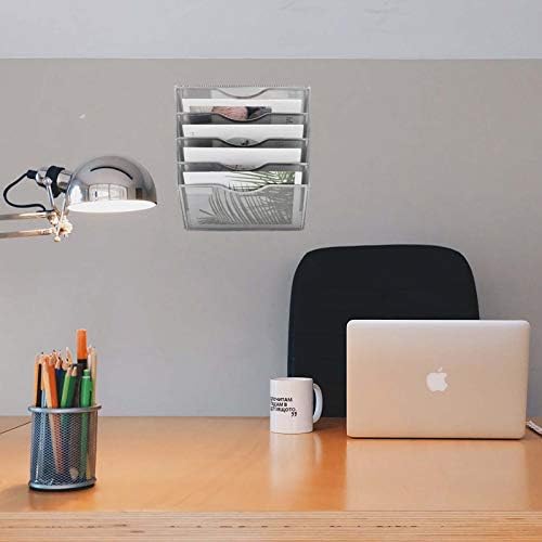 EASEPRES 5 Pocket Mesh Hanging Wall File Organizer, Wall Mounted Mail Paper Document Folder Holder, Clipboard Storage Organization Magazine Rack with Nametag Label for Office Home School, Silver - Image 4