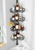 ZUNTO Tension Pole Shower Caddy Corner for Bathroom, Adjustable 25in-114in Floor to Ceiling, Standing Shower Tension Rod Organizer, 4 Tier Storage Shelves with Hooks, Black by ZUNTO