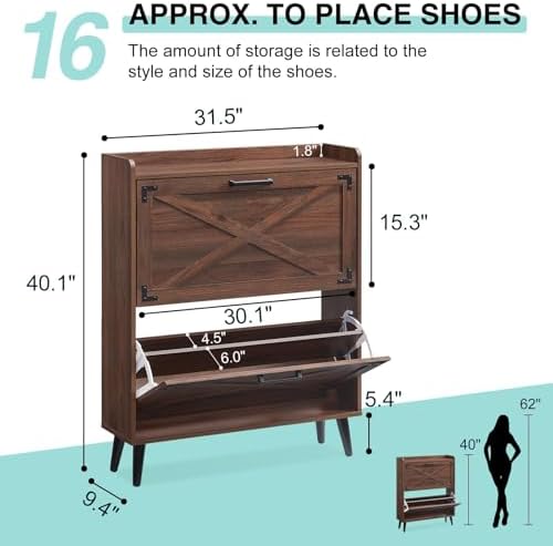 Barnyatoh Farmhouse Shoe Storage Cabinet with 2 Flip Drawers & Barn Door - Image 2