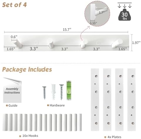 Forbena White Coat Hooks Wall Mount for Hanging 4 Pack, 16 Inch Wood Entryway Coat Rack Wall Mounted Heavy Duty, Modern Large Wall Hooks for Hats Kids Clothes Bags Purses Caps Closet - 16 Hooks - Image 2