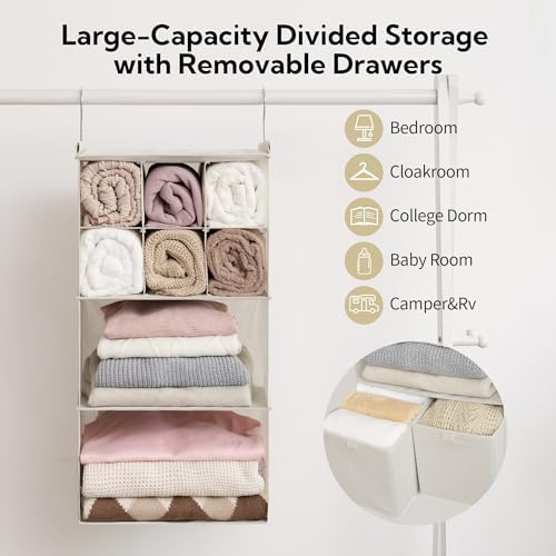 GRANNY SAYS 4-Shelf Hanging Closet Organizer with Drawer, Foldable Storage | Dividers Closet Hanging Organizer, No-Sag Support, Keeps Clothes Neat, Folds Flat, Fits RV, Dorm & Small Closets, Beige - Image 5