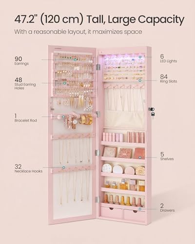 SONGMICS 6 LEDs Mirror Jewelry Cabinet, 47.2-Inch Tall, Lockable - Image 4
