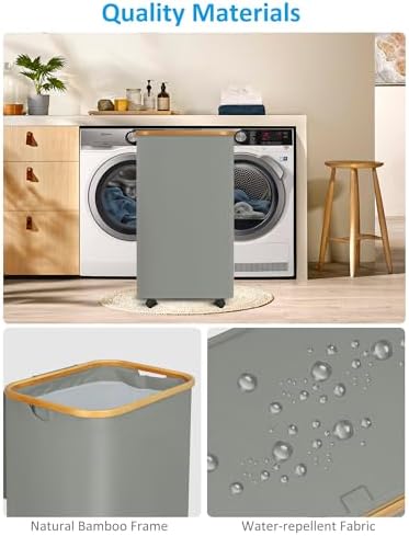 efluky Laundry Basket with Wheels, Tall Rolling Laundry Hamper with Lid and Removable Bag, Aesthetic Dirty Clothes Hamper on Wheels for Laundry Room, Bedroom, Dorm and Bathroom, 100L Grey - Image 6