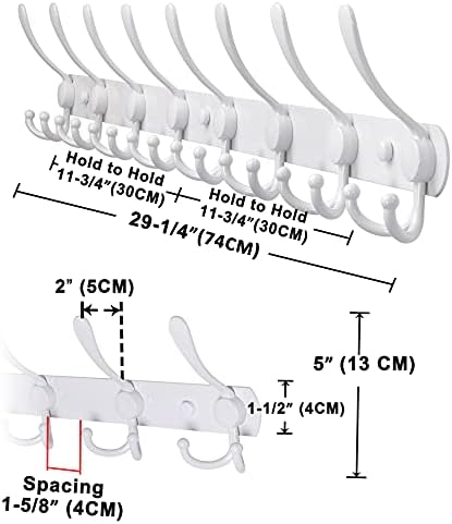 Dseap Coat Rack Wall Mount - 29.5” Long 8-Tri-Hooks Heavy Duty Coat Hanger Rail Wall Hooks for Hanging Coats Hats Clothing Clothes Purse Mudroom Entryway, White - Image 2