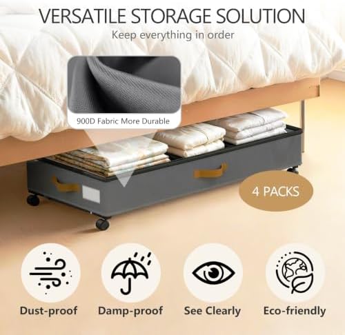 Under Bed Storage with Wheels 2-Pack, 75L XXL Under the Bed Storage Containers Large, 12" Tall Adjustable Storage for Underbed with Lids, Rolling for Clothes, Shoes, Blankets (4PCS-Grey) - Image 5
