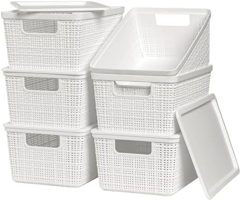 6 Pack Plastic Storage Baskets with Lid,White Stackable Bins by WRRLORS