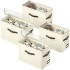 OIAHOMY 4 Pack Shoe Organizer for Closet, Foldable Shoe Storage Bins with Adjustable Dividers, Stackable Oxford Cloth Sneaker Boxes for Entryway Bedroom, Fits Up to 32 Pairs, Beige by MasterofSpaceOptimization