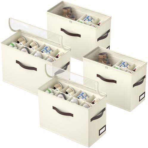 OIAHOMY 4 Pack Shoe Organizer for Closet, Foldable Shoe Storage Bins with Adjustable Dividers, Stackable Oxford Cloth Sneaker Boxes for Entryway Bedroom, Fits Up to 32 Pairs, Beige by MasterofSpaceOptimization